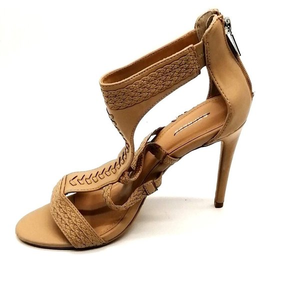 Express Womens‎ T-Strap Sandals Tan Stretch Side Straps Back Zip Stiletto 9 - Picture 1 of 11